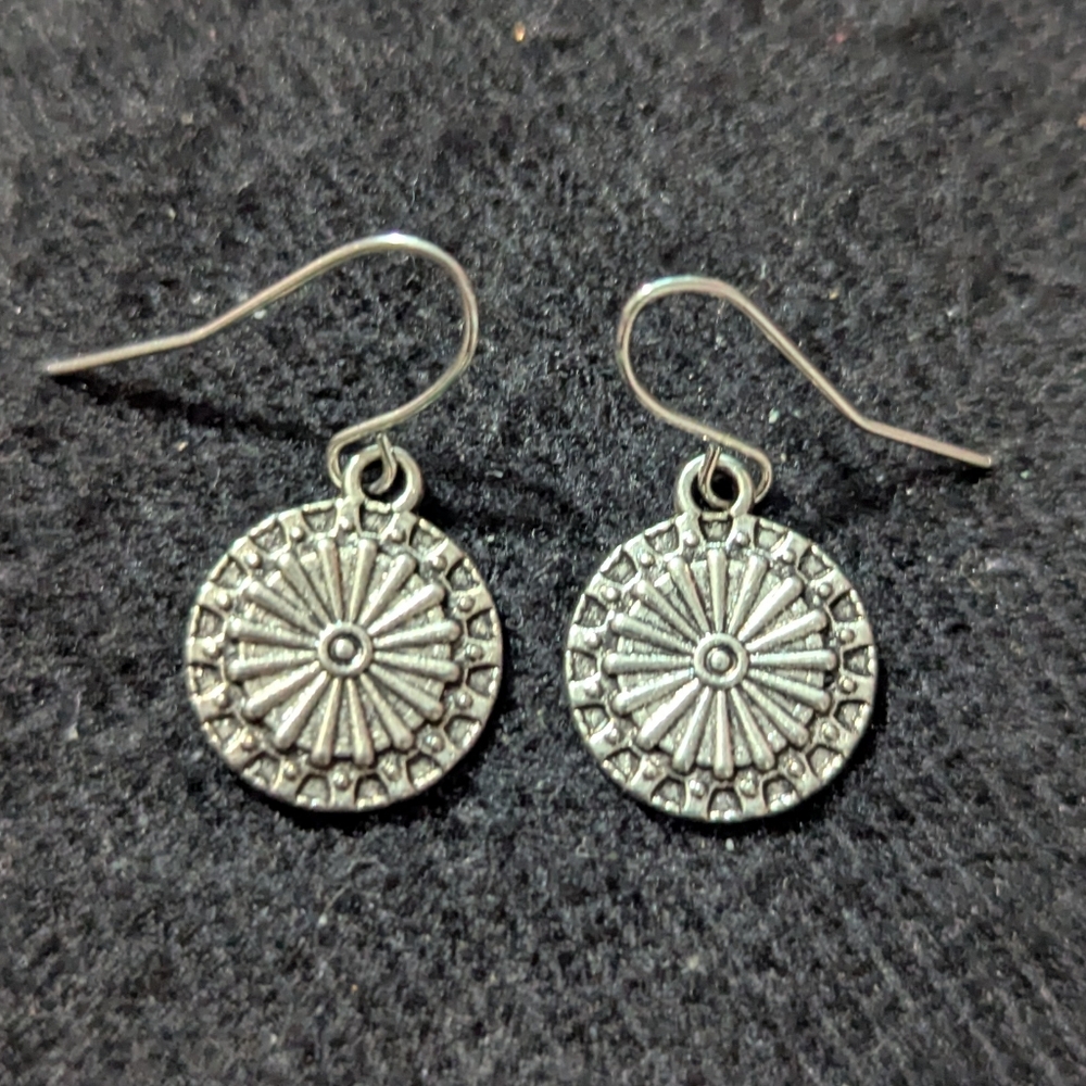 Silver Tone Mandala Disc Dainty Delicate Dangle Statement Earrings